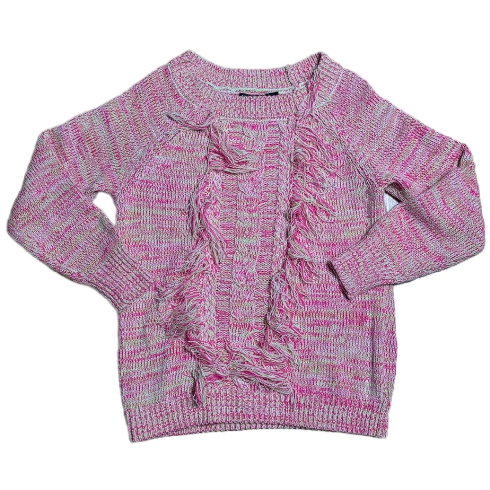 New York & Company Knit Sweater‎ Women's Size S Pink and Green Fringe-Front